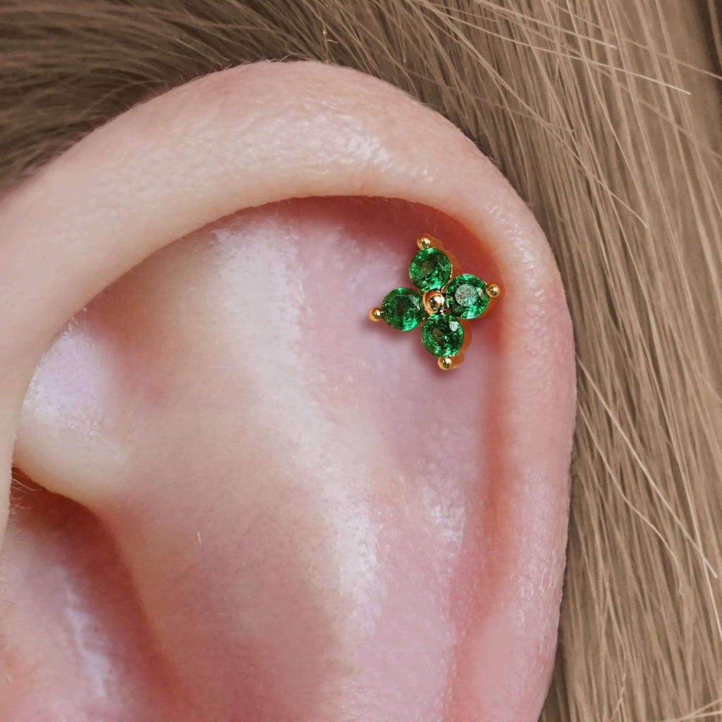 Emerald Green Four Leaf Clover Ball & Flat Back Cartilage Earrings