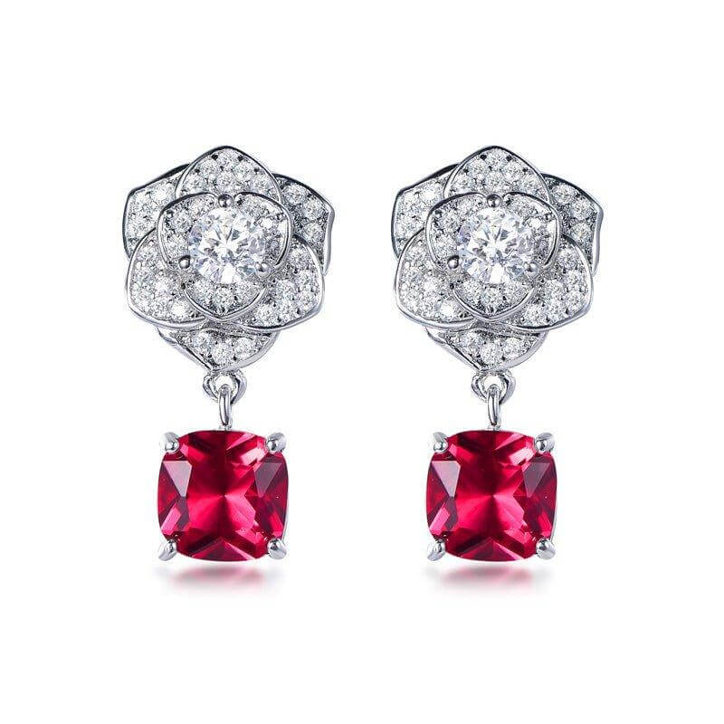 Gorgeous Flower Ruby Radiant Cut Drop Earrings In Sterling Silver - Trendolla Jewelry