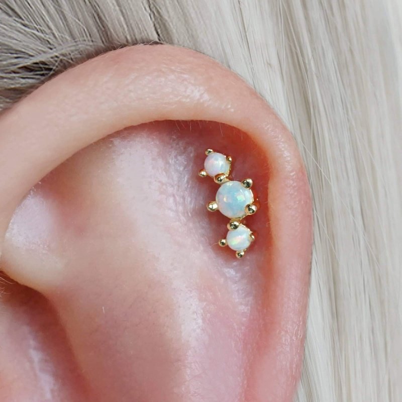 Curved Triple White Opal Prong Ball Back&Flat Back Cartilage Earrings