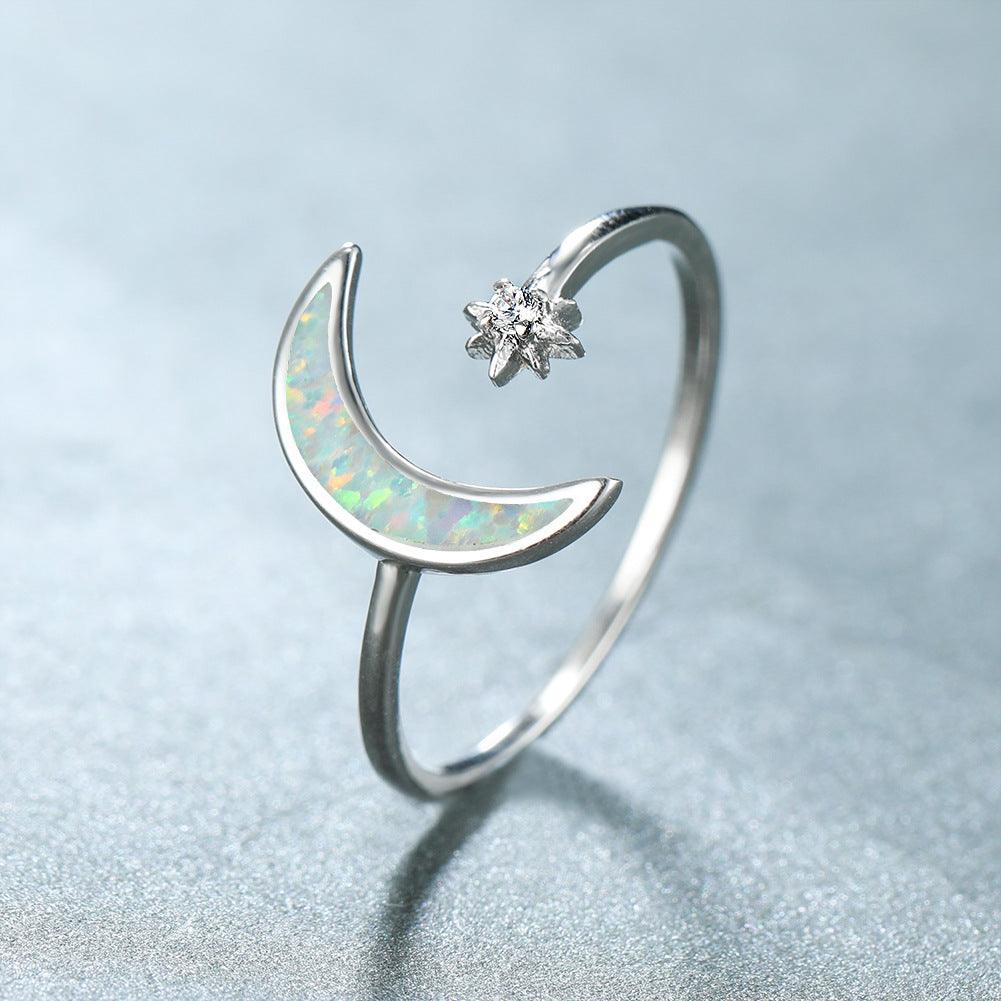 Sterling Silver Opal Crescent Moon and Star Ring Adjustable Moon Ring - Trendolla Jewelry