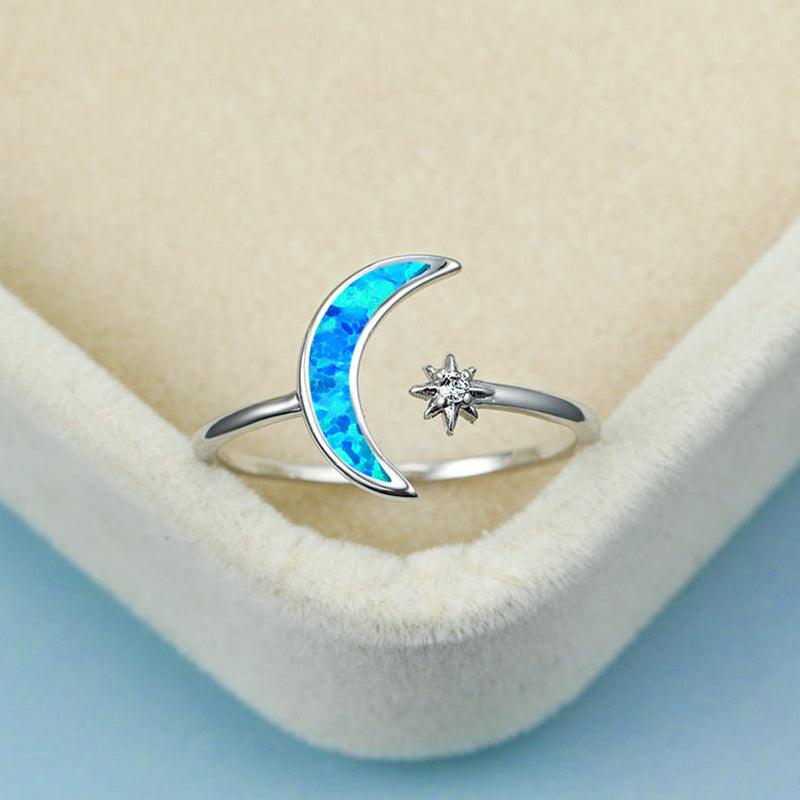 Sterling Silver Opal Crescent Moon and Star Ring Adjustable Moon Ring - Trendolla Jewelry