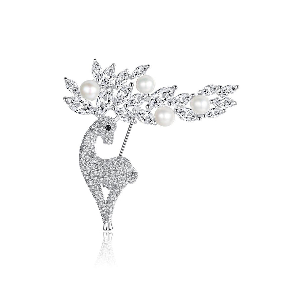 Trendolla Deer Cultured Pearl Sterling Silver Pin Brooch - Trendolla Jewelry