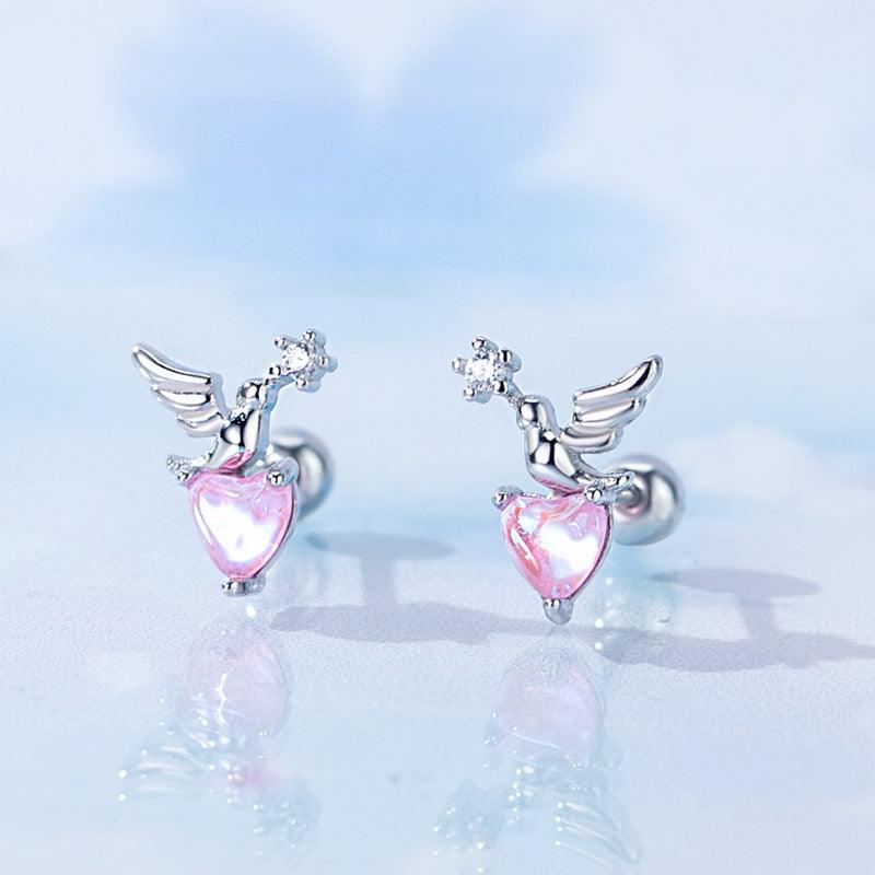 Trendolla Flying Bird With Heart CZ Flat Back Earrings - Trendolla Jewelry