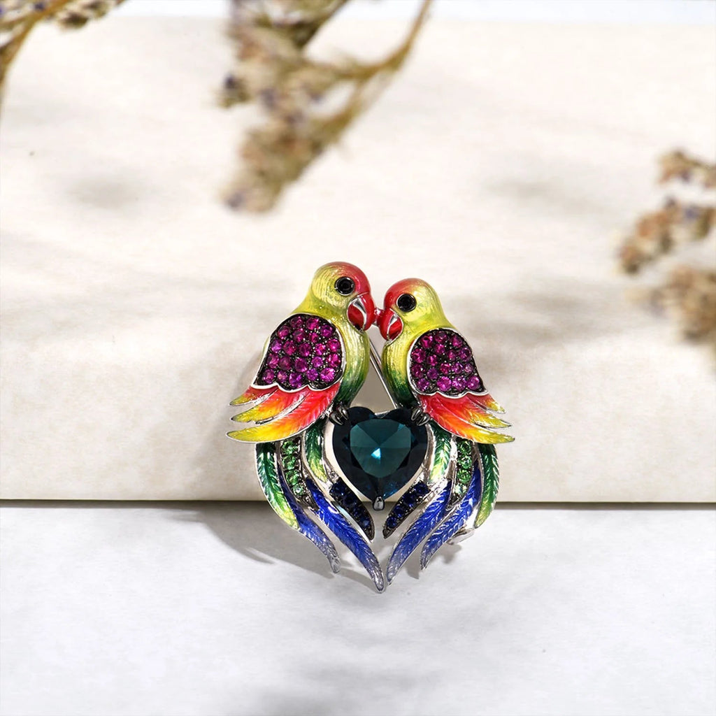 Trendolla Sterling Silver Parrot Couple Enamel Pin Brooch - Trendolla Jewelry