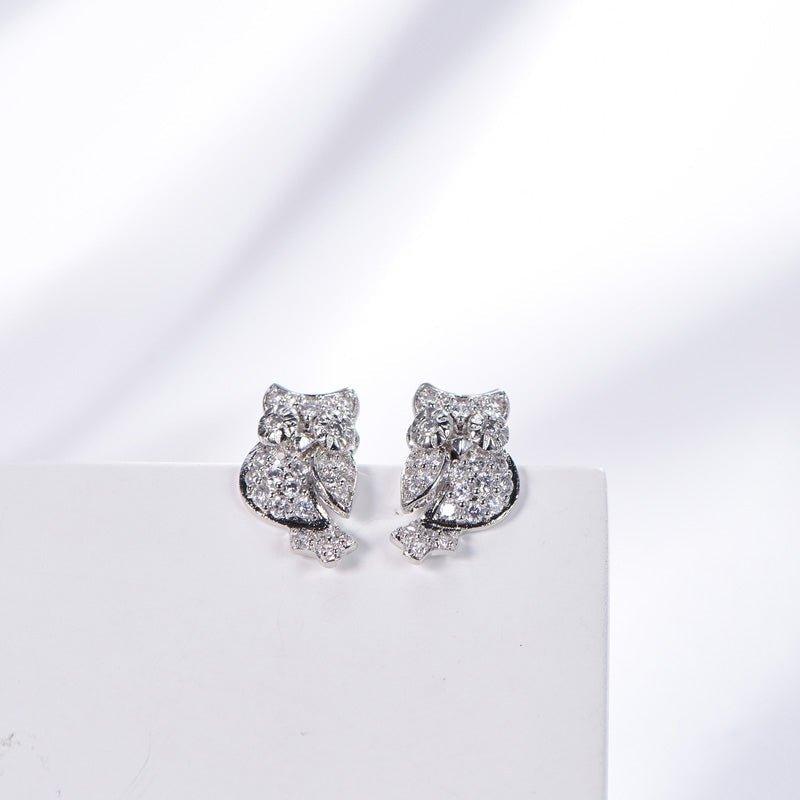 White Stone Stud Earrings Owl Earrings